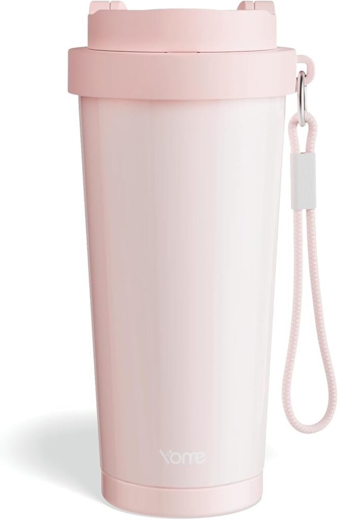 YOME 17oz Light Pink Ceramic Lined Insulated Travel Coffee Mug with Infuser for Women Gift